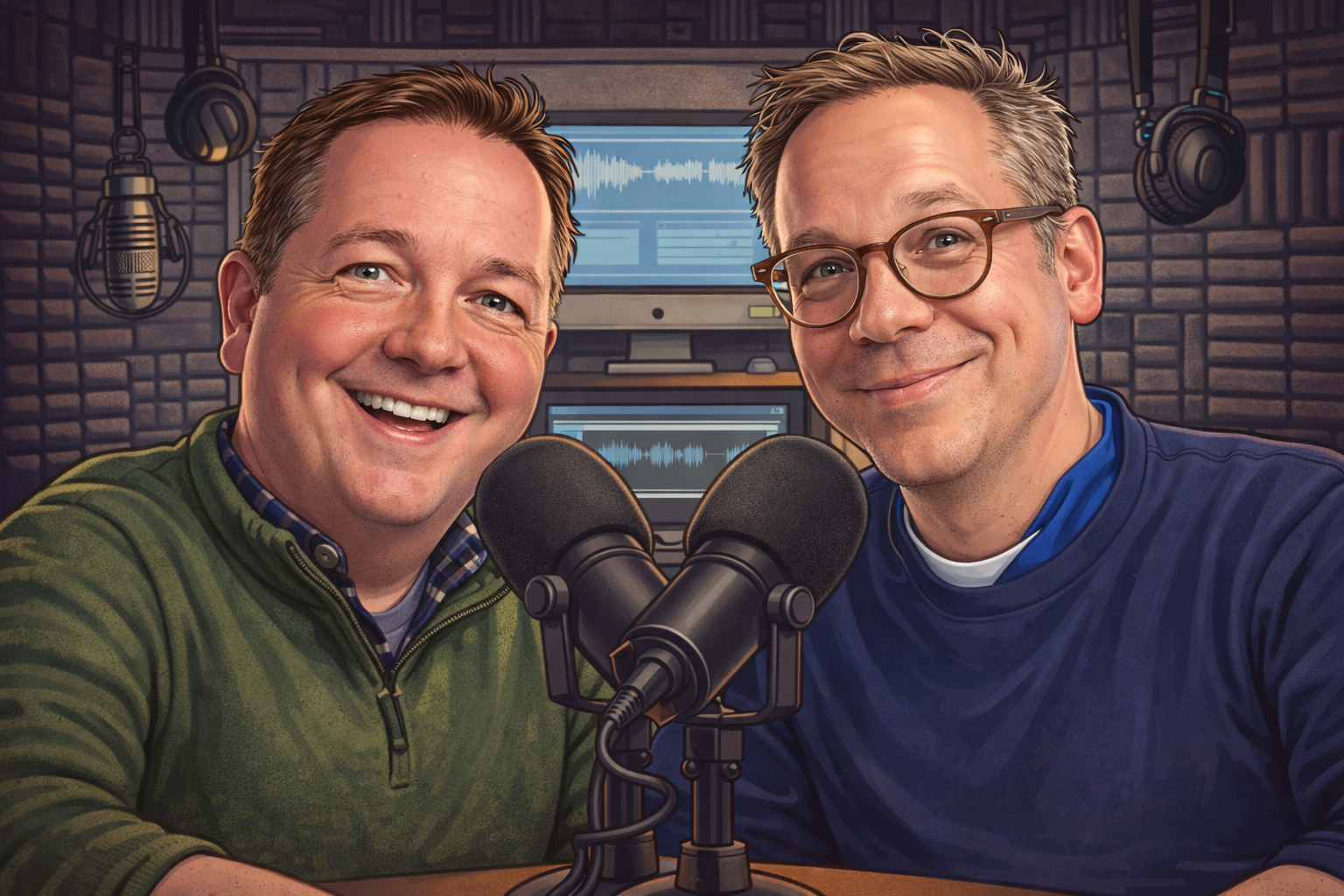 Illustrated portrait of hosts Mike and Patrick in a podcast studio with microphones.