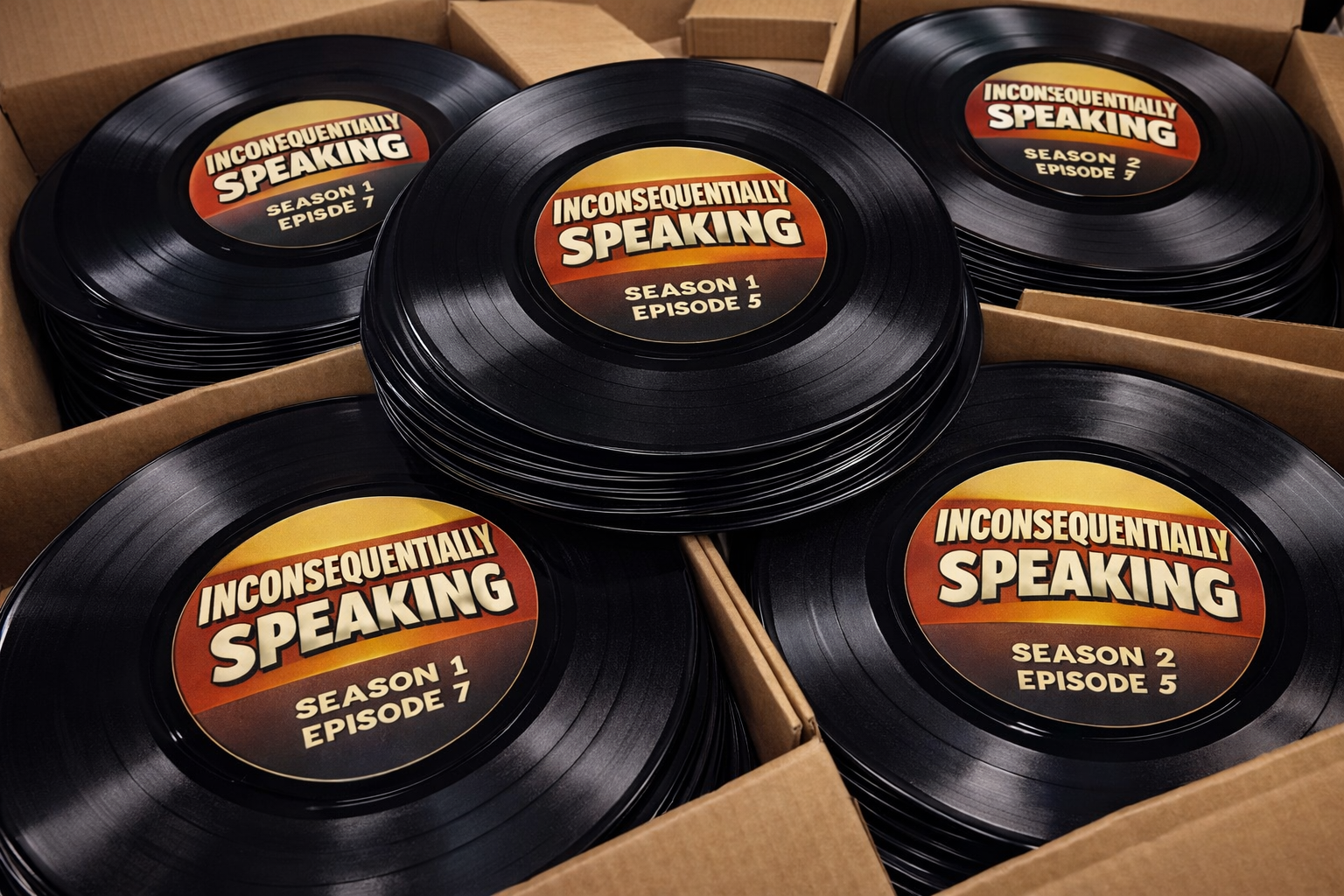 Stacks of Inconsequentially Speaking vinyl records boxed and ready to mail.